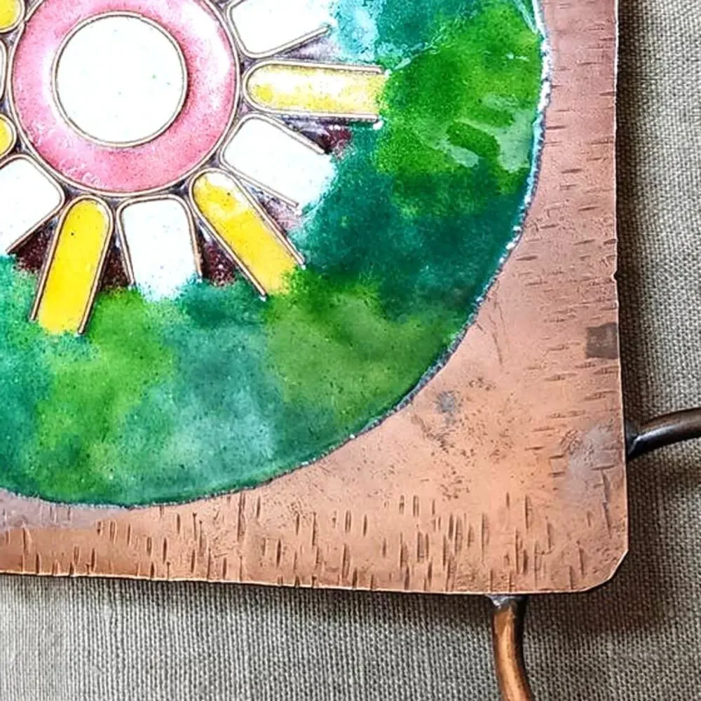 VTG Unique Square Copper and Enamel Trinket Dish Jewelry Tray with Round Handles